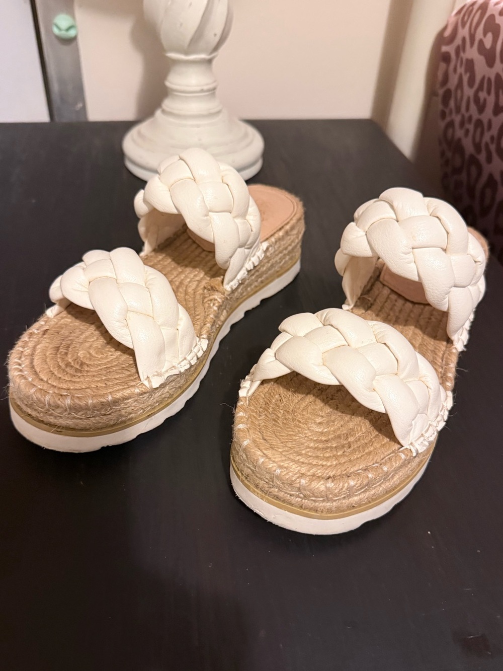 Braided Double-Strap Platform Sandals in Cream/White